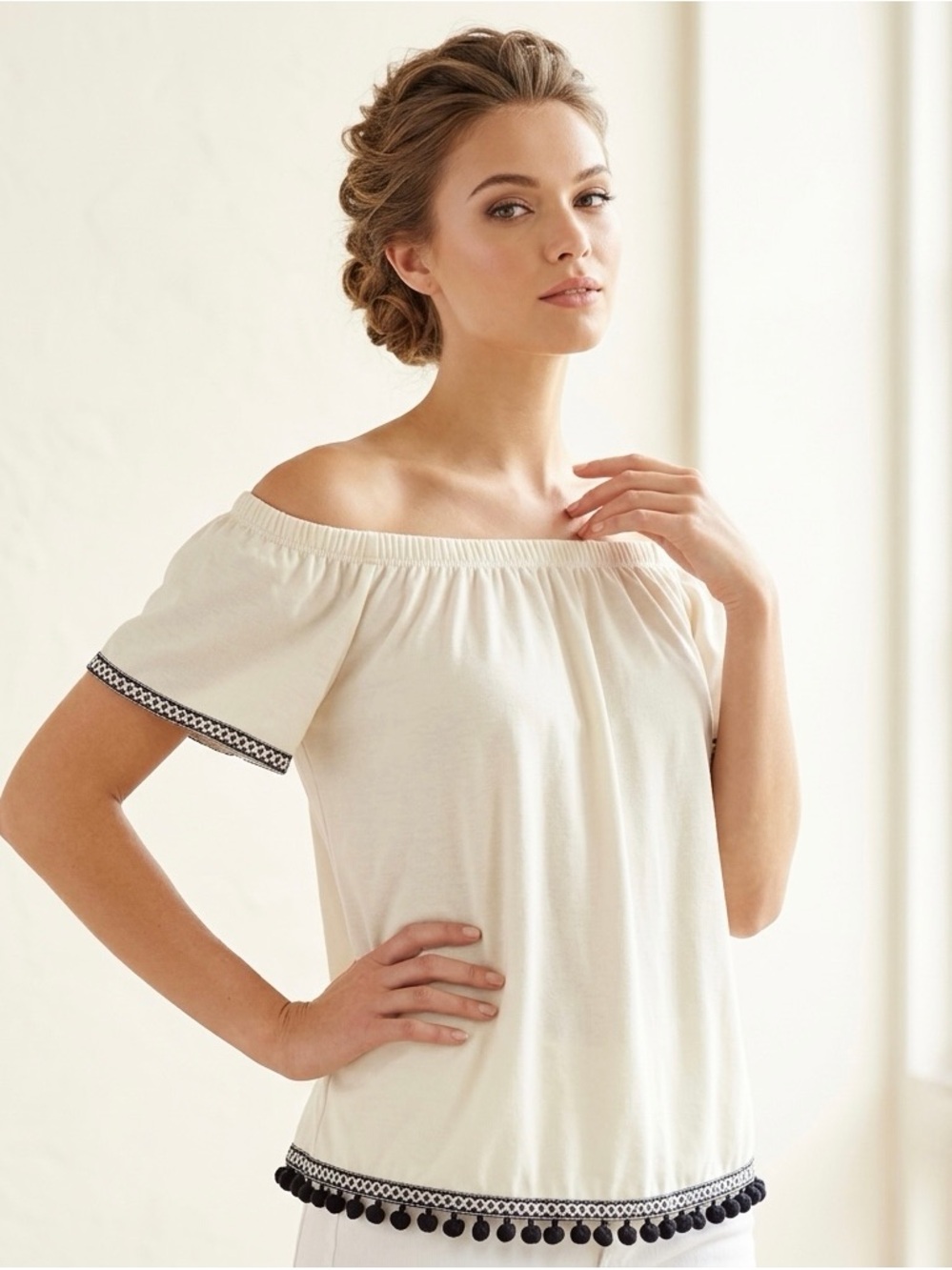 Anthropologie Paper Crane Women’s Off The Shoulder Cream Boho Peasant Top Size S